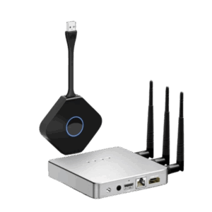 Compact silver mini router with four external antennas and a separate black streaming dongle with a USB connector, shown together.