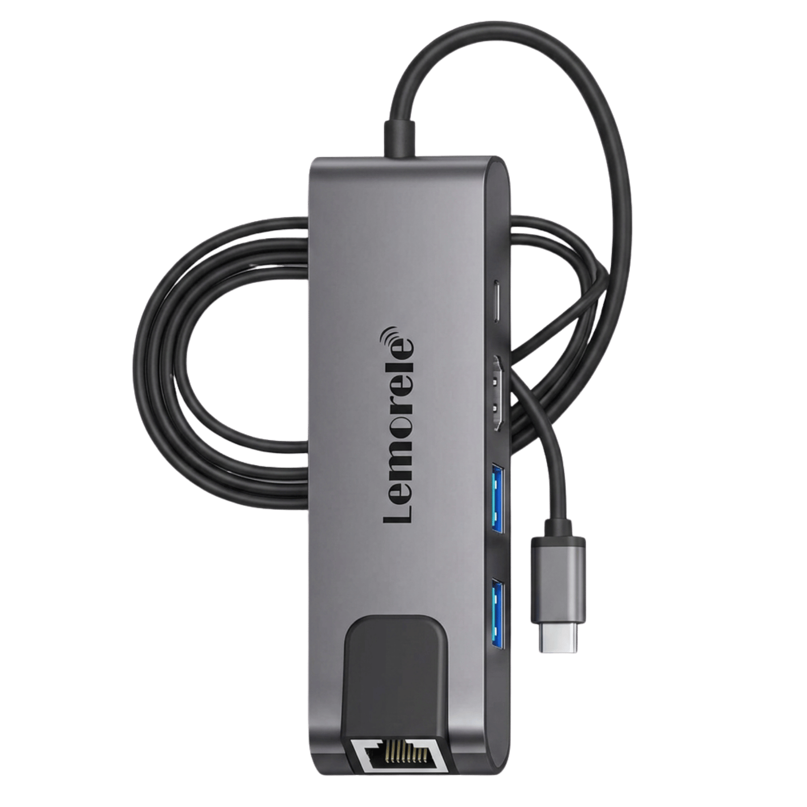 5 in 1 docking station - Empowering Businesses: Your Premier eTIMS Integrators, Resellers, and Consultants Slim USB-C multiport adapter in vertical orientation with two blue USB-A ports on the side, Ethernet jack at the base, and a coiled black cable ending in a USB-C plug; brand name visible on the body.