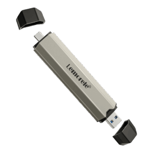 Silver USB flash drive with black end caps removed, displaying USB-A connector and brand text LeMorele on the body.