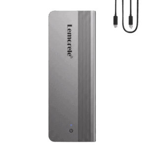Silver external hard drive with a ridged edge and blue power LED, plus a USB-A to USB-C cable.