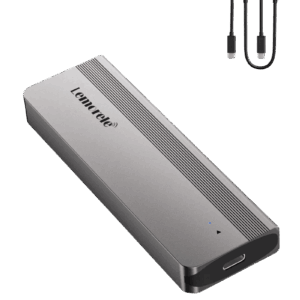 Silver portable external SSD by Lemore with a blue status LED and a USB-C/USB-A cable in the corner for connectivity.