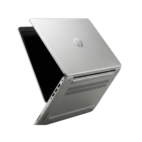 13 - Empowering Businesses: Your Premier eTIMS Integrators, Resellers, and Consultants Silver HP laptop mid-open with brushed aluminum lid and HP logo visible on top surface, angled view showing side vents and ports.