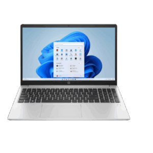 Silver HP laptop open, showing a Windows desktop with a floating apps window on a blue wallpaper background