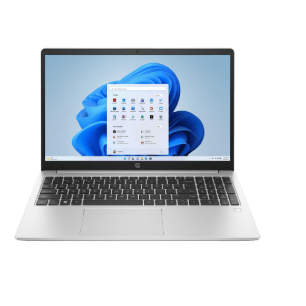 15 - Empowering Businesses: Your Premier eTIMS Integrators, Resellers, and Consultants Silver HP laptop open, showing a Windows desktop with a floating apps window on a blue wallpaper background