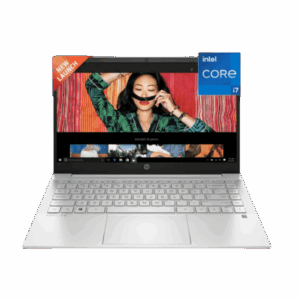 HP laptop open with a vibrant photo editing interface on screen; i7 Core badge visible, new launch label in corner.