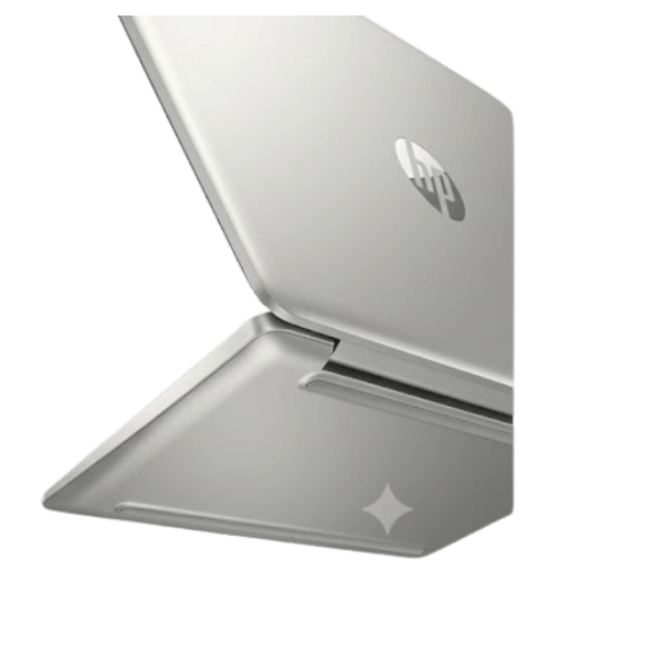 21 - Empowering Businesses: Your Premier eTIMS Integrators, Resellers, and Consultants Silver HP laptop resting on a curved metal stand with the HP logo on the lid visible