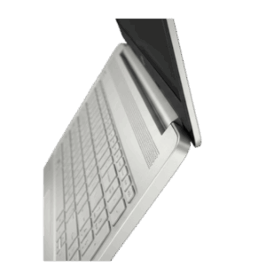 Silver laptop opened at an angle, showing the keyboard and screen.