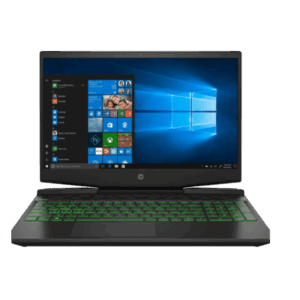 HP gaming laptop with a green backlit keyboard, open to the Windows 10 desktop.