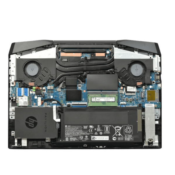 26 - Empowering Businesses: Your Premier eTIMS Integrators, Resellers, and Consultants Open HP Pavilion laptop with the battery, motherboard, cooling fans, and RAM visible from the bottom cover removed edge-to-edge interior.
