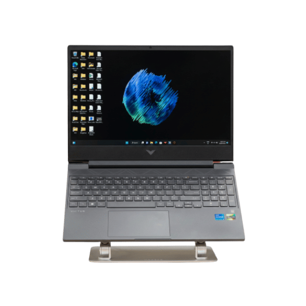 27 - Empowering Businesses: Your Premier eTIMS Integrators, Resellers, and Consultants Open gray laptop on a silver pedestal stand with a blue-green abstract wallpaper on the screen, desktop icons on the left.