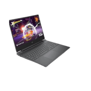 Open gaming laptop displaying an action game on the screen, angled to show keyboard and touchpad.