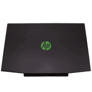 Rear view of a black HP Pavilion monitor with a green HP logo centered on the back surface