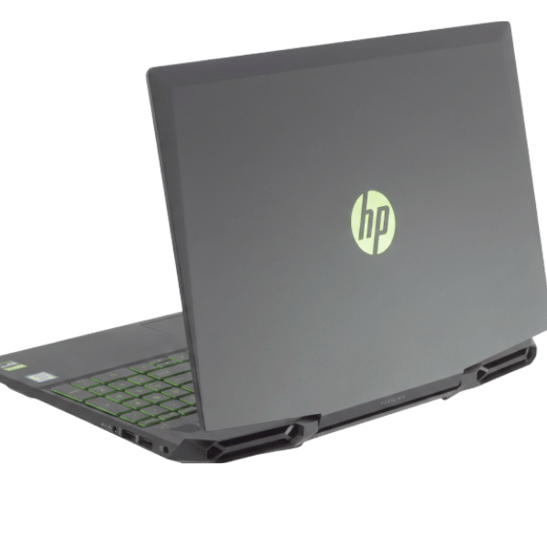 32 - Empowering Businesses: Your Premier eTIMS Integrators, Resellers, and Consultants Rear-left angle of a gray HP laptop with lime-green logo and lime-green keyboard backlighting, open and resting on a surface