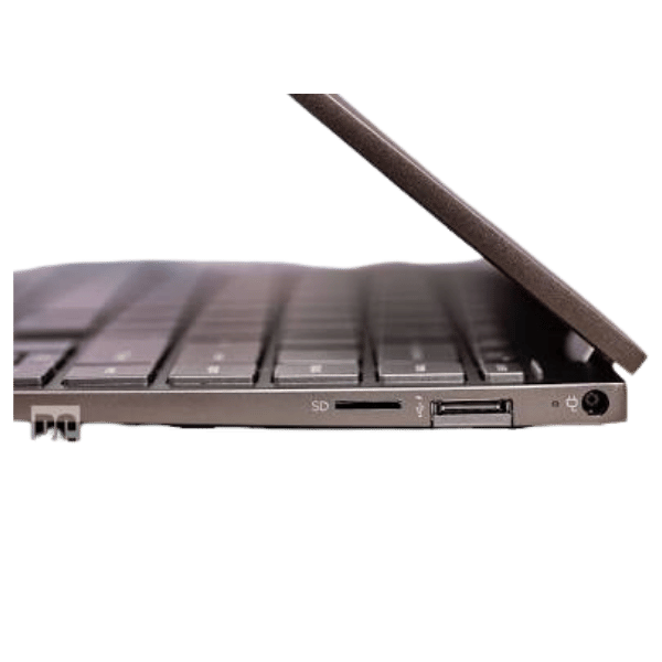 36 - Empowering Businesses: Your Premier eTIMS Integrators, Resellers, and Consultants Side view of a thin laptop with its lid slightly open, showing the SD card slot and USB port on the side