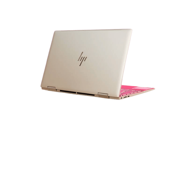 37 - Empowering Businesses: Your Premier eTIMS Integrators, Resellers, and Consultants Gold HP laptop, opened at a slight angle, pink keyboard visible from the side.