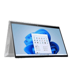 Two-in-one laptop/tablet in tent mode showing Windows 11 start menu on a blue wallpaper