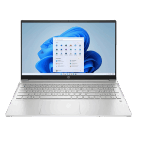 39 - Empowering Businesses: Your Premier eTIMS Integrators, Resellers, and Consultants Silver HP laptop open to Windows 11 desktop with start menu visible, shown from a front angle.