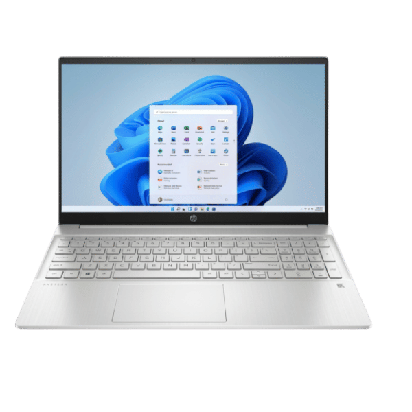 39 - Empowering Businesses: Your Premier eTIMS Integrators, Resellers, and Consultants Silver HP laptop open to Windows 11 desktop with start menu visible, shown from a front angle.
