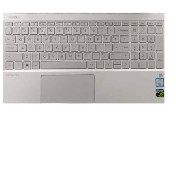 40 - Empowering Businesses: Your Premier eTIMS Integrators, Resellers, and Consultants Top-down view of a silver HP Pavilion laptop keyboard with a centered touchpad and system stickers on the right edge