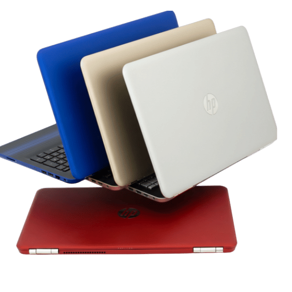 41 - Empowering Businesses: Your Premier eTIMS Integrators, Resellers, and Consultants Stack of four HP laptops in blue, beige, white, and red arranged diagonally with lids visible to highlight colors and brand.
