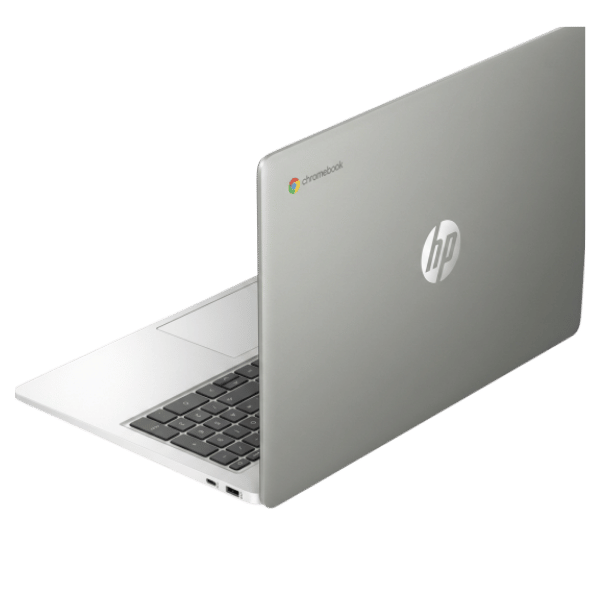 Change View Angle 1 - Empowering Businesses: Your Premier eTIMS Integrators, Resellers, and Consultants Silver HP Chromebook laptop viewed from a rear-side angle, open to reveal the keyboard and gray chassis.