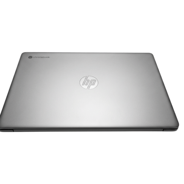 Change View Angle 2 - Empowering Businesses: Your Premier eTIMS Integrators, Resellers, and Consultants Top view of a closed silver HP Chromebook laptop showing the HP logo on the lid.