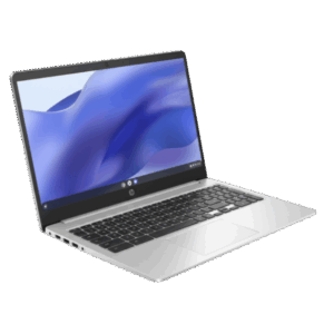 Change View Angle - Empowering Businesses: Your Premier eTIMS Integrators, Resellers, and Consultants Open silver HP laptop with black keyboard displaying a blue abstract wallpaper on a slight angle.