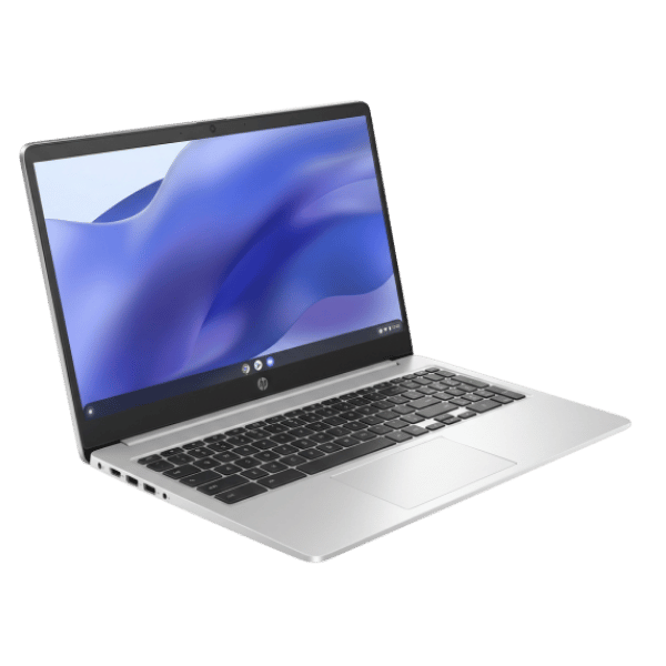 Change View Angle - Empowering Businesses: Your Premier eTIMS Integrators, Resellers, and Consultants Open silver HP laptop with black keyboard displaying a blue abstract wallpaper on a slight angle.
