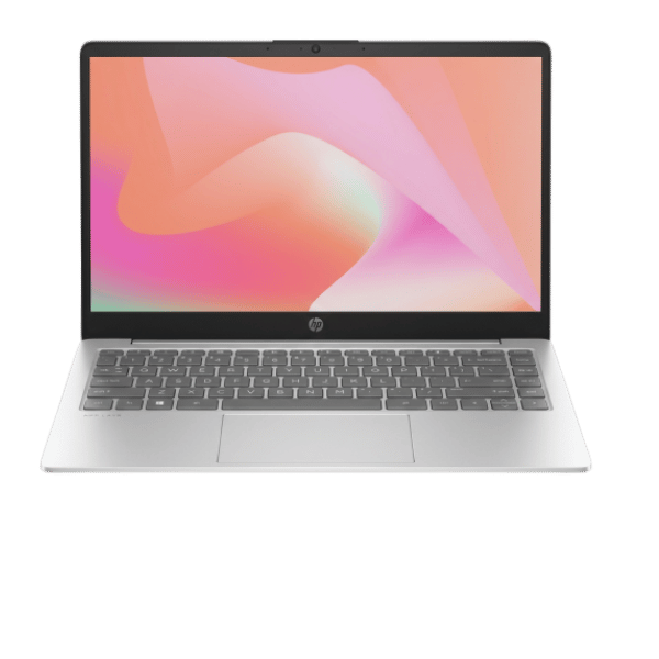 Change View Angle 6 - Empowering Businesses: Your Premier eTIMS Integrators, Resellers, and Consultants Open HP laptop with a silver body and a vibrant abstract wallpaper on the screen.