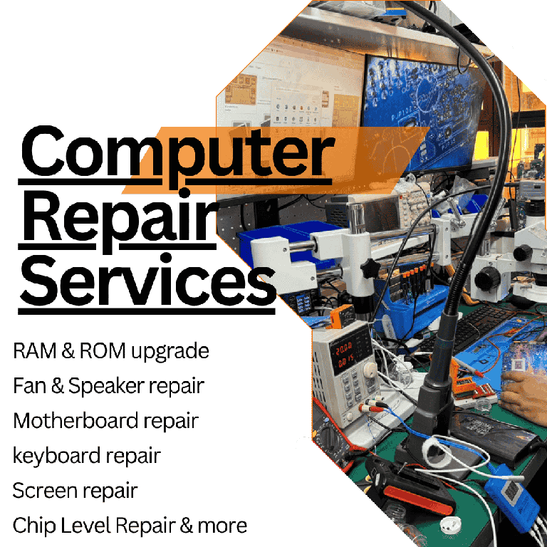 Banner advertising Computer Repair Services with a tech workbench in the background, listing RAM & ROM upgrade, fan & speaker repair, motherboard repair, keyboard repair, screen repair, and more.