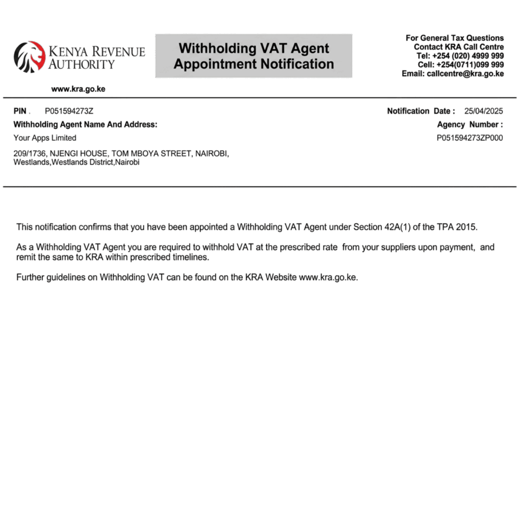 Government letterhead from Kenya Revenue Authority: 'Withholding VAT Agent Appointment Notification' on the header panel.