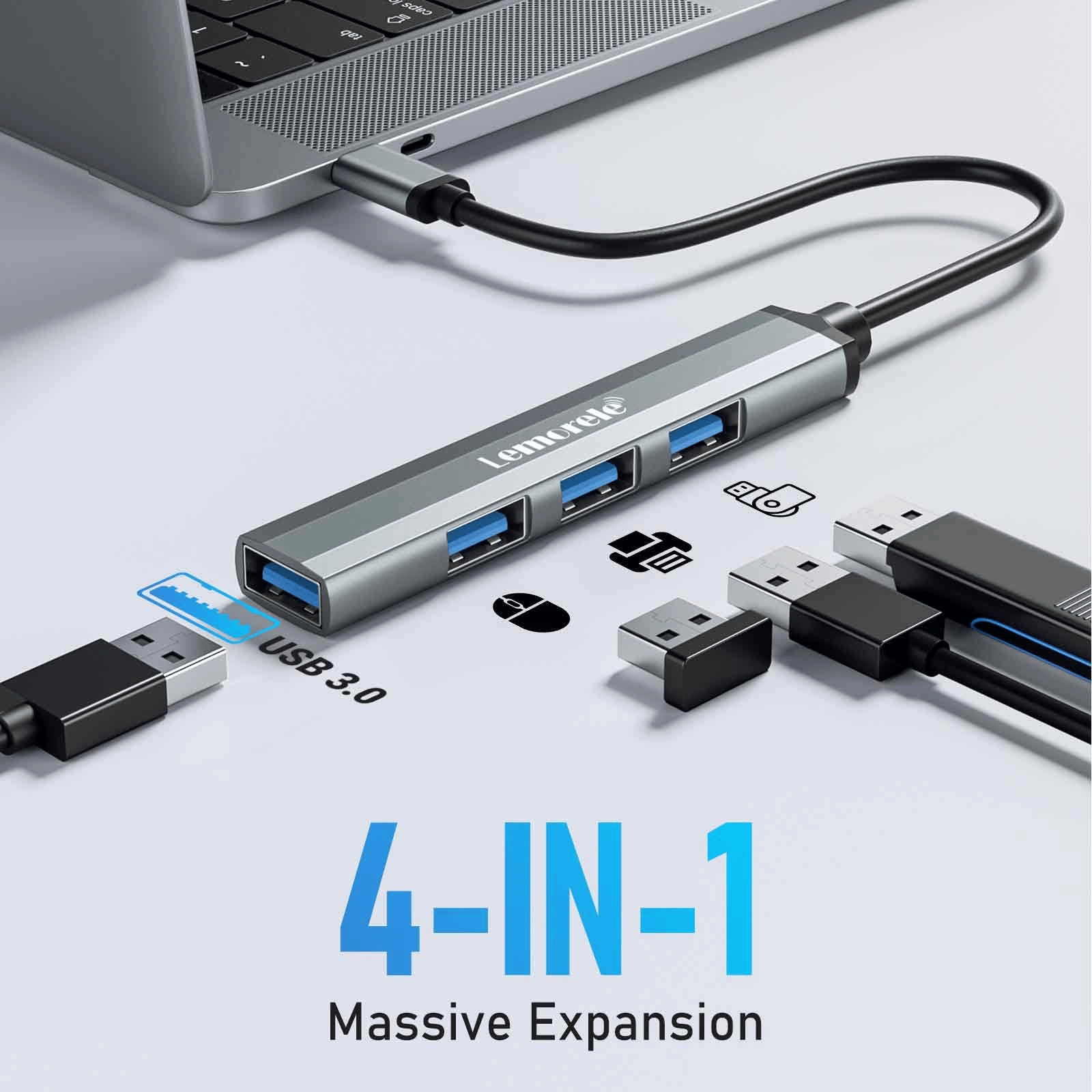 Lention USB-C hub with four blue USB 3.0 ports connected to a laptop via a short cable.