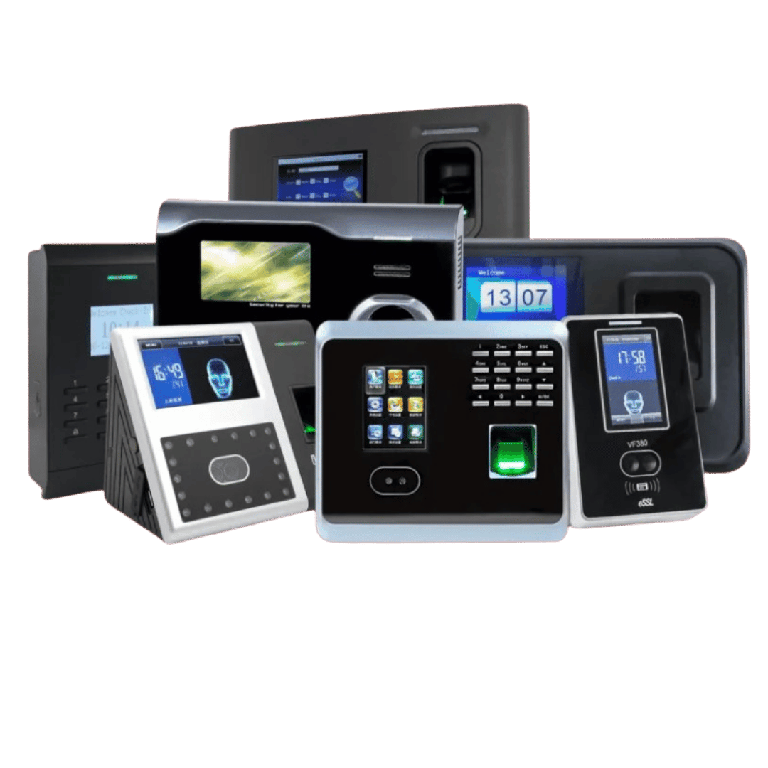 Group of security access control panels including biometric fingerprint reader and keypad devices for entry control