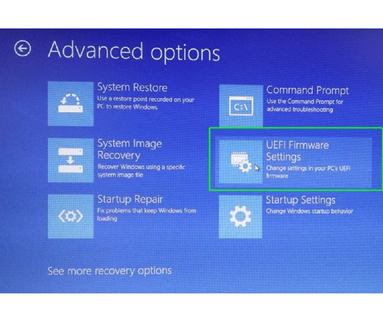 Windows Advanced options screen with UEFI Firmware Settings tile highlighted in green border