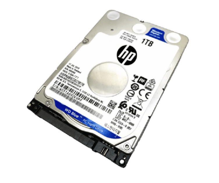 Internal 3.5-inch hard disk drive (HP) with 1TB capacity labeled WD Blue, showing cables/connector end and product markings