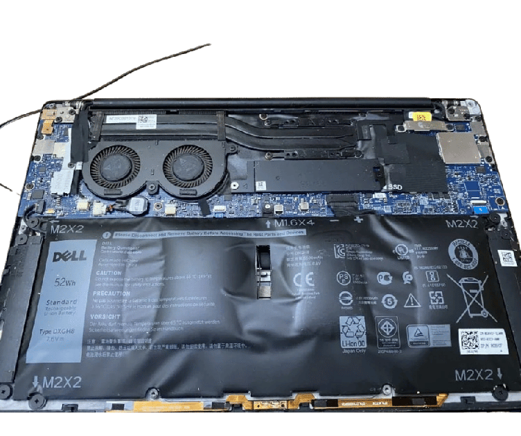 Open Dell laptop with bottom cover removed, exposing cooling fans, motherboard, and a 52Wh battery