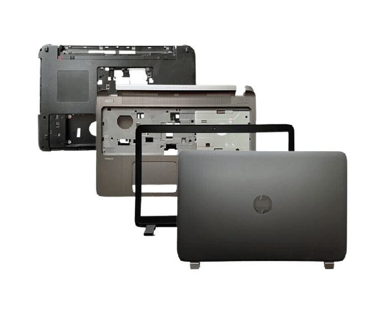 Exploded view of a laptop with outer shell, screen bezel, chassis, and lid laid out separately