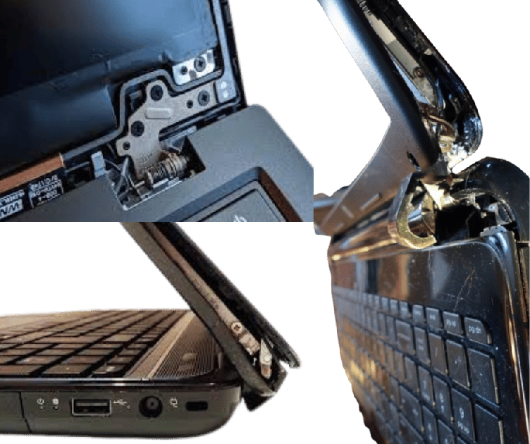 Laptop with a severely damaged hinge and display, exposing internal components in a collage image.