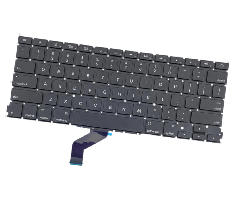 Black laptop keyboard with a blue flex ribbon cable attached, photographed at an angle.