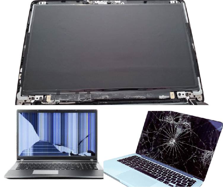 Open LCD panel above two laptops showing damaged displays (one with vertical blue lines, one with a shattered screen).