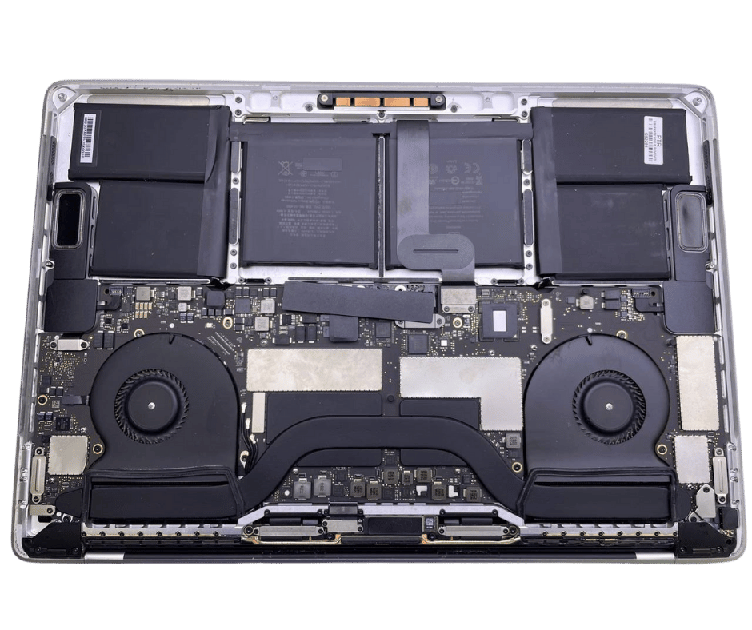 Open laptop with exposed motherboard, batteries, and dual cooling fans.