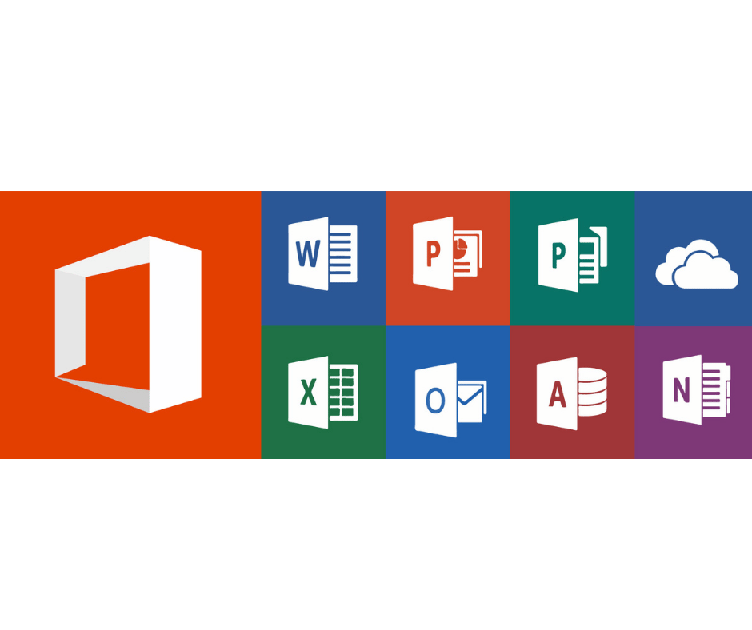 Colorful banner of Microsoft Office app icons on square tiles (Word, PowerPoint, Excel, Outlook, OneDrive) with the large orange Office logo on the left.