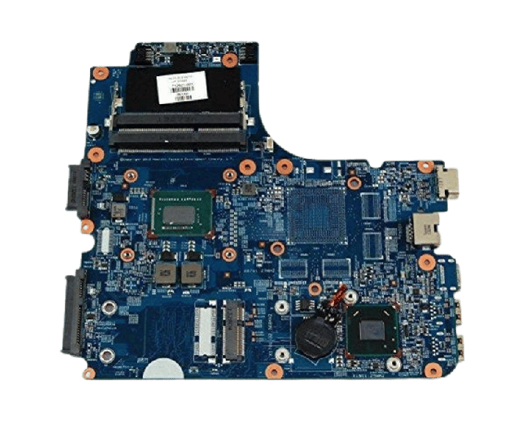 Blue laptop motherboard with RAM slot, CPU chip, and connectors visible, isolated on transparent background.