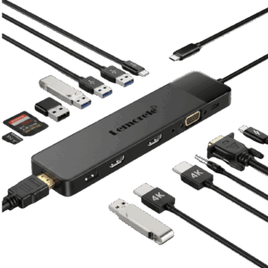 Lenmore USB-C multiport hub with HDMI output, USB-A ports, SD and microSD slots, and assorted adapters/cables