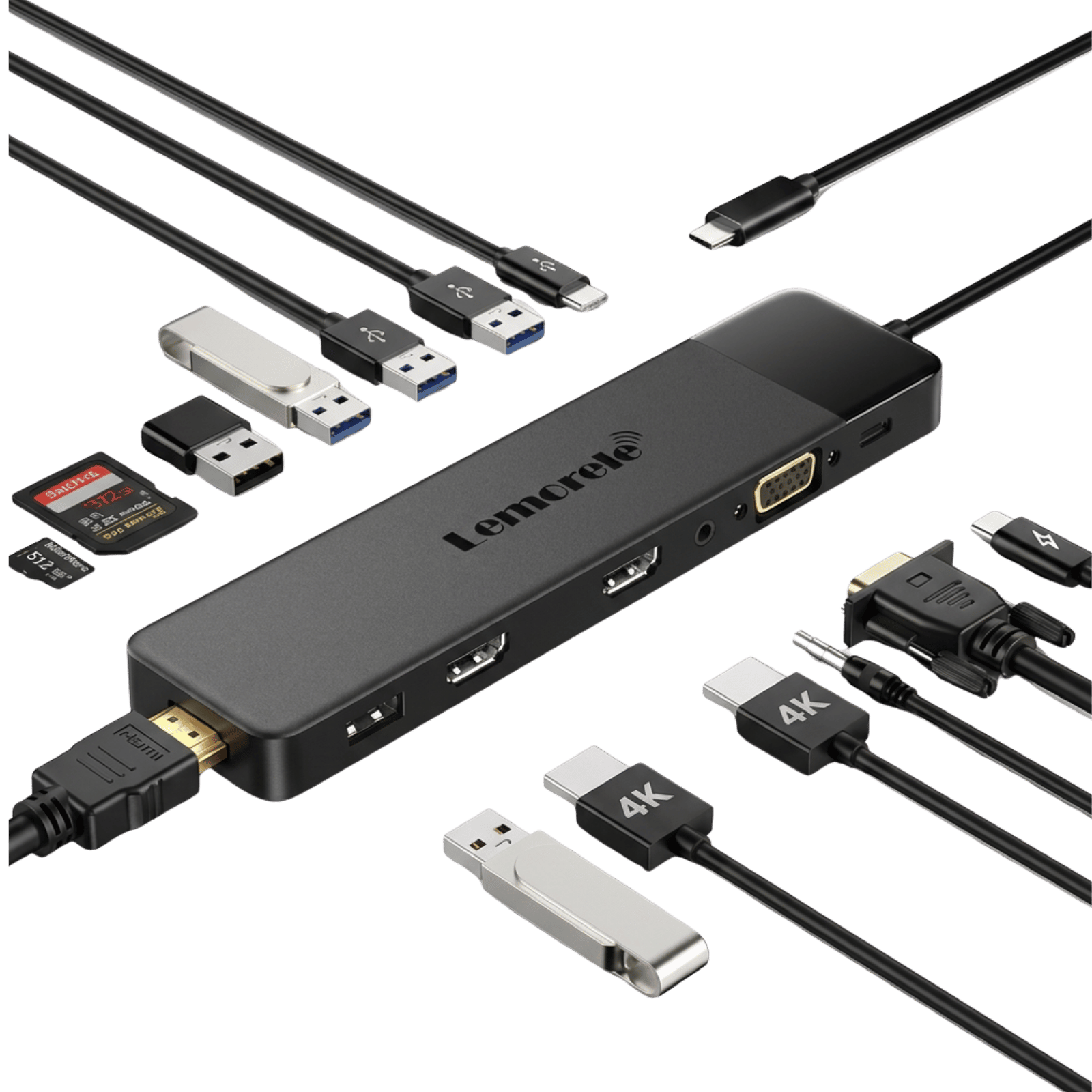 docking station - Empowering Businesses: Your Premier eTIMS Integrators, Resellers, and Consultants Lenmore USB-C multiport hub with HDMI output, USB-A ports, SD and microSD slots, and assorted adapters/cables