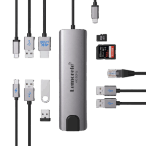 USB-C hub with multiple ports and cables (Lemore 4K60Hz) for connecting USB devices, SD/microSD cards and adapters on a single dongle