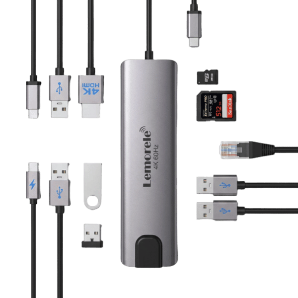 lemorele 10 in 1 - Empowering Businesses: Your Premier eTIMS Integrators, Resellers, and Consultants USB-C hub with multiple ports and cables (Lemore 4K60Hz) for connecting USB devices, SD/microSD cards and adapters on a single dongle