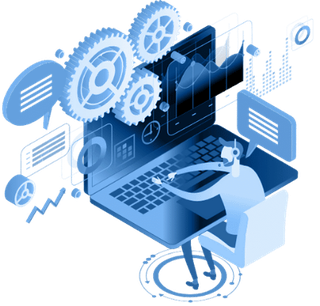 Isometric illustration of a person at a laptop with floating gears and holographic charts, symbolizing AI and software automation.