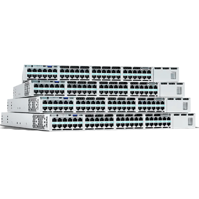 Stack of data-center network switches with rows of Ethernet ports and cooling vents