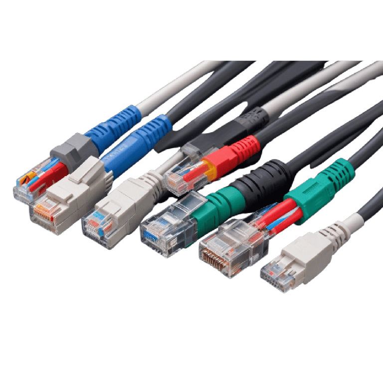 Multiple Ethernet patch cables with RJ-45 connectors in blue, gray, red, green, teal, and white laid in a row.